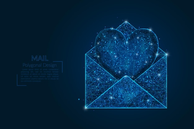 Vector abstract isolated image of a letter mail or message with heart polygonal illustration looks like stars in the blask night sky in spase or flying glass shards digital design for website web internet