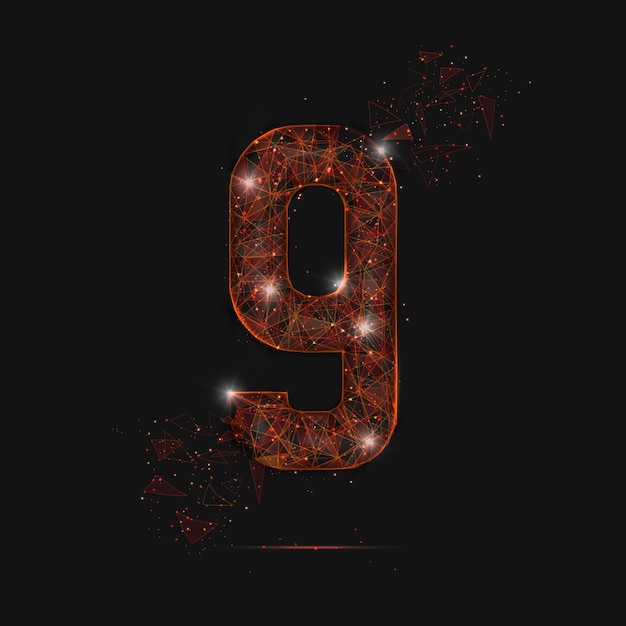 Abstract isolated orange image of a number nine Polygonal illustration looks like stars in the blask night sky in spase or flying glass shards Digital design for website web internet