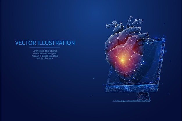 Вектор Абстрактное изолированное многоугольное человеческое сердце на мониторе пк на темно-синем фоне технологические инновации