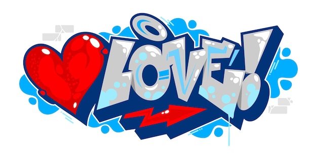 Estratto isolato parola amore graffiti urbano streetart stile font lettering con cuore rosso illustrazione vettoriale