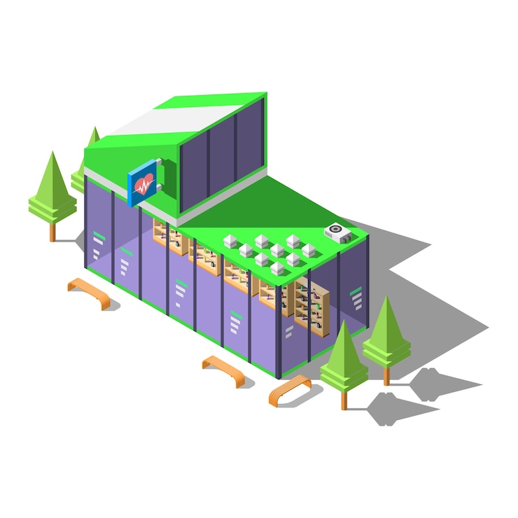 Vector abstract isometric 3d pharmacy grugstore health building with trees and benches vector design style