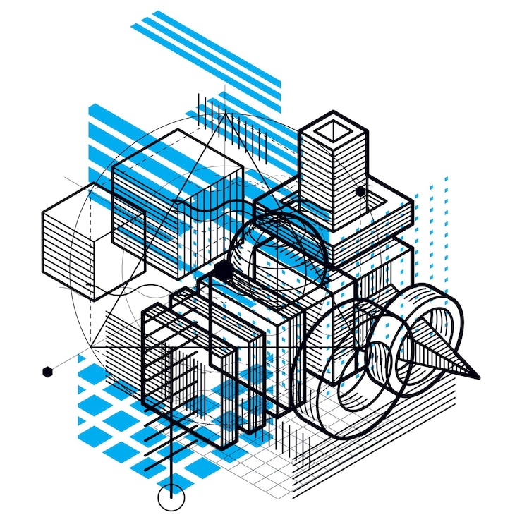 Vector abstract isometrics background, 3d vector layout. composition of cubes, hexagons, squares, rectangles and different abstract elements.