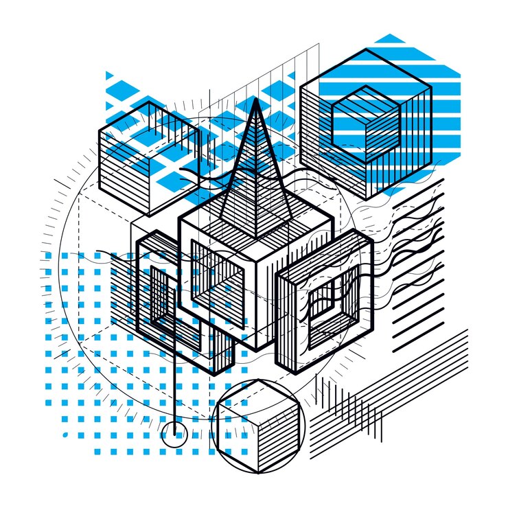 Vector abstract isometrics background, 3d vector layout. composition of cubes, hexagons, squares, rectangles and different abstract elements.