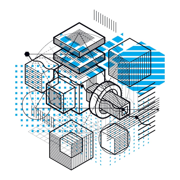 Vector abstract isometrics background, 3d vector layout. composition of cubes, hexagons, squares, rectangles and different abstract elements.
