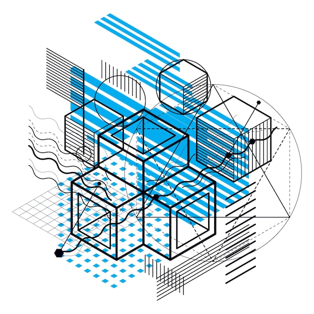 Abstract isometrics background, 3d vector layout. Composition of cubes, hexagons, squares, rectangles and different abstract elements.