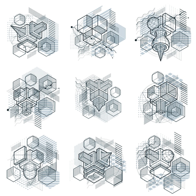 Abstract isometrics backgrounds, 3d vector layout. Compositions of cubes, hexagons, squares, rectangles and different abstract elements. Vector collection.