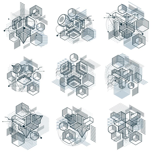 Абстрактные изометрические фоны, трехмерная векторная компоновка. Композиции из кубов, шестиугольников, квадратов, прямоугольников и различных абстрактных элементов. Векторная коллекция.
