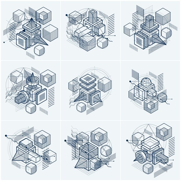 Abstract isometrics backgrounds, 3d vector layout. Compositions of cubes, hexagons, squares, rectangles and different abstract elements. Vector collection.