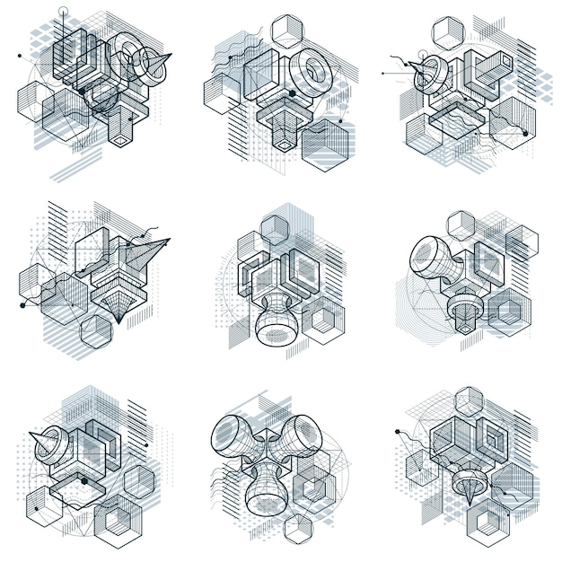 abstract isometrics backgrounds, 3d vector layout. compositions of cubes, hexagons, squares, rectangles and different abstract elements. vector collection.