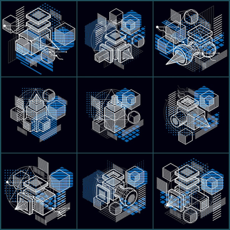 Vector abstract isometrics backgrounds, 3d vector layout. compositions of cubes, hexagons, squares, rectangles and different abstract elements. vector collection.