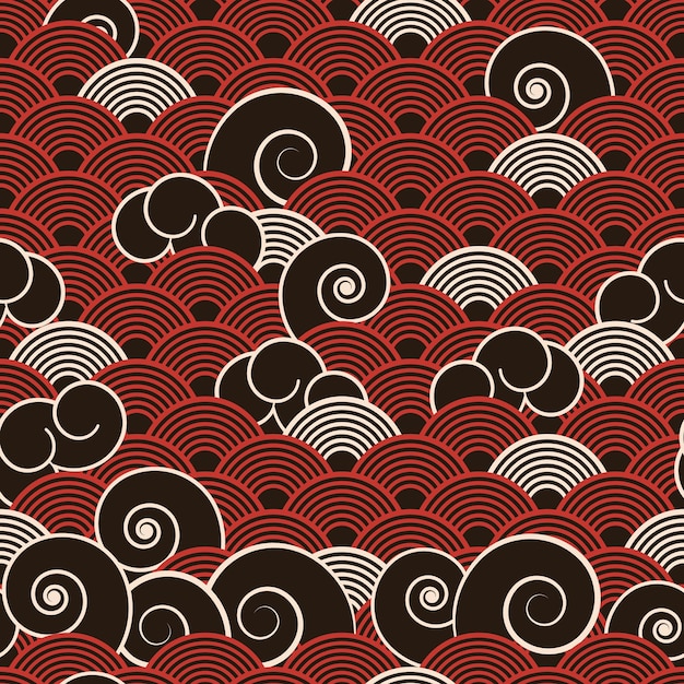 Vector abstract japanese marine seamless pattern with different waves in vintage style