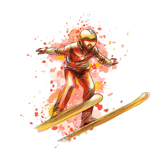 Vector abstract jumping skier from a splash of watercolor, hand drawn sketch. winter sport.  illustration of paints