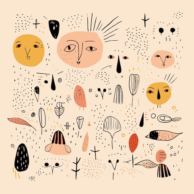 abstract kid faces with playful shape vector pattern