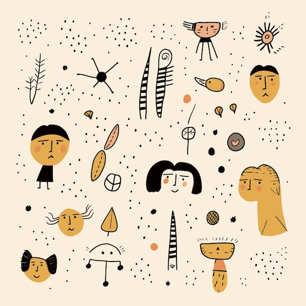 Abstract kid faces with playful shape vector pattern