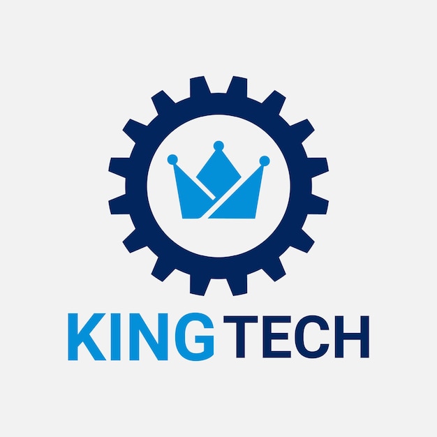 Abstract King Tech Modern embleem logo-ontwerp met versnellingspictogram.