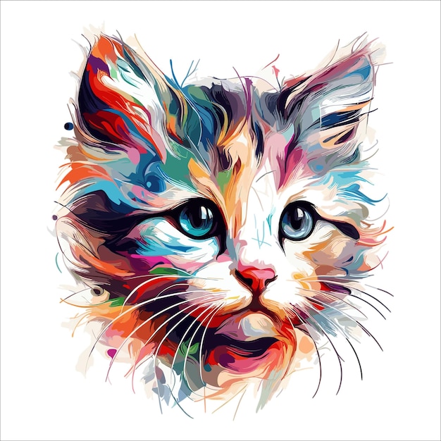 Abstract kitten cat face multicolored paints drawing vector white background