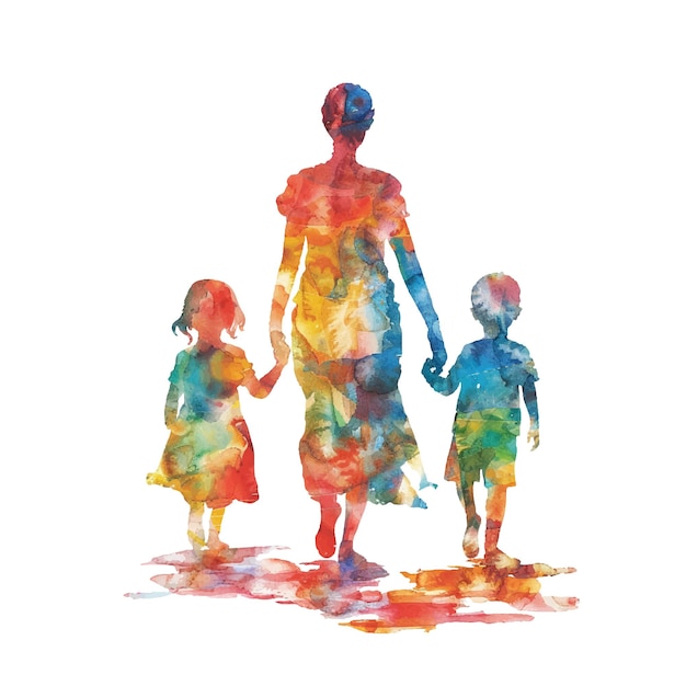 abstract kleur silhouet van moeder en kinderen vector illustratie in aquarel stijl