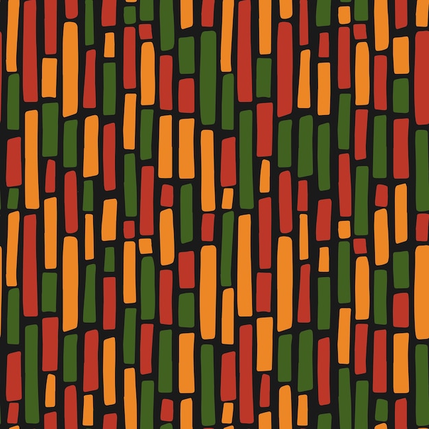 Abstract kwanzaa, black history month, juneteenth modello senza cuciture con linee verticali disegnate a mano nei tradizionali colori africani - nero, rosso, giallo, verde. disegno di sfondo etnico tribale vettoriale.