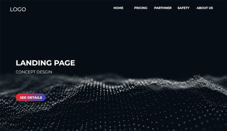 Vector abstract landing page background with white particles flow wave with dot landscape