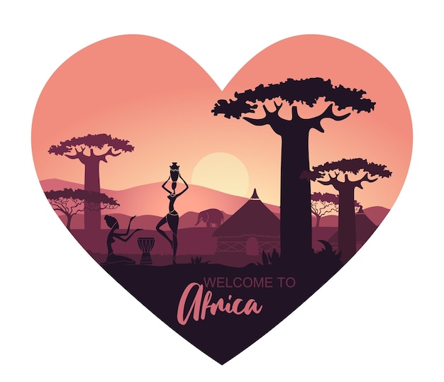 Vector abstract landscape of africa at sunset in the shape of a heart