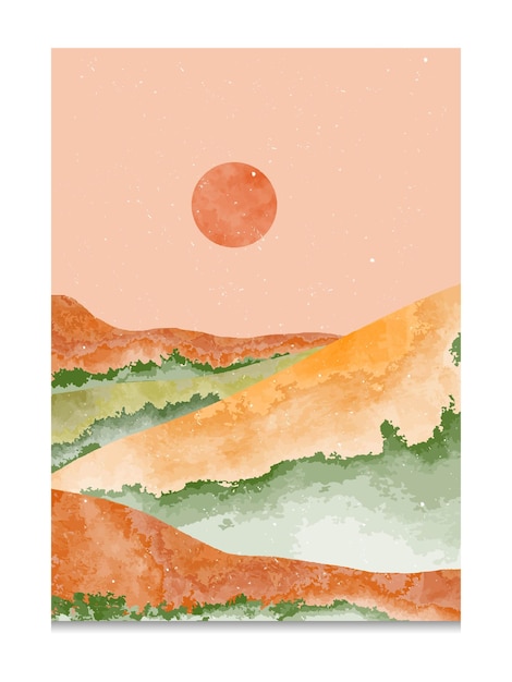 Abstract landscape art print with mountain. creative minimalist hand painted illustrations of mid century modern. vector illustration