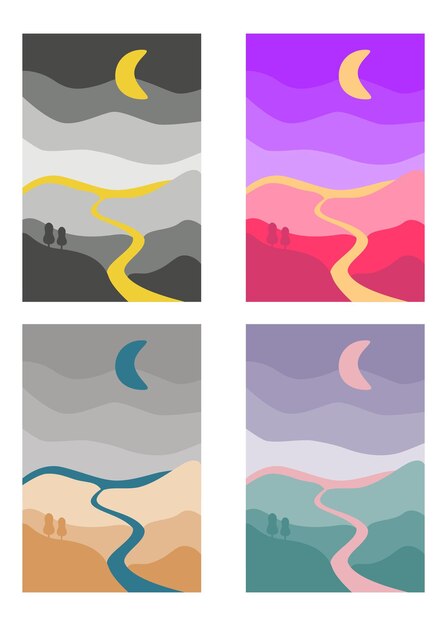 Abstract landscape colorful background River hills art poster set of illustration