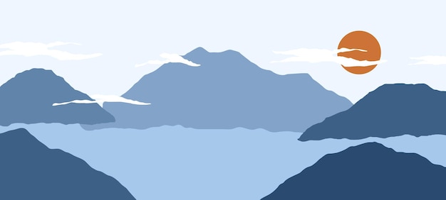 추상 풍경 삽화입니다. 산, 태양, 달, 일몰, 사막, 언덕 미니멀리스트 디자인
