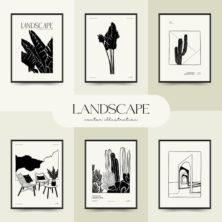 Vector abstract landscape interior contemporary minimal aesthetic hand drawn illustrations wall art