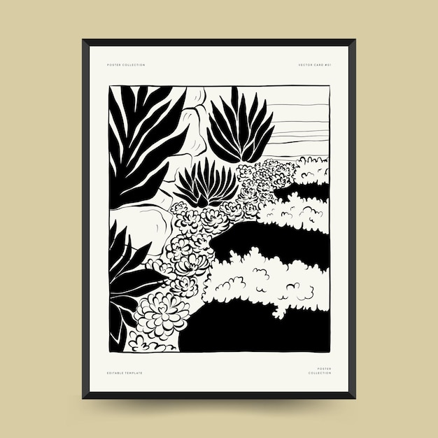 Abstract landscape interior contemporary minimal aesthetic. Hand drawn linear illustrations