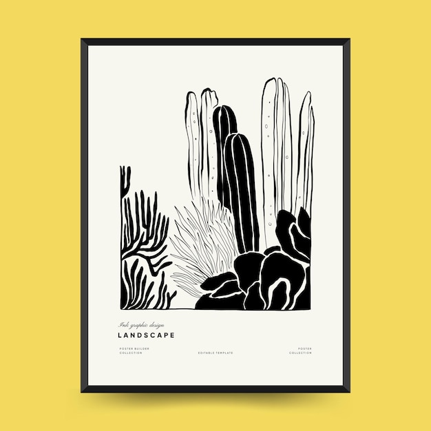 Abstract landscape interior contemporary minimal aesthetic. Hand drawn linear illustrations