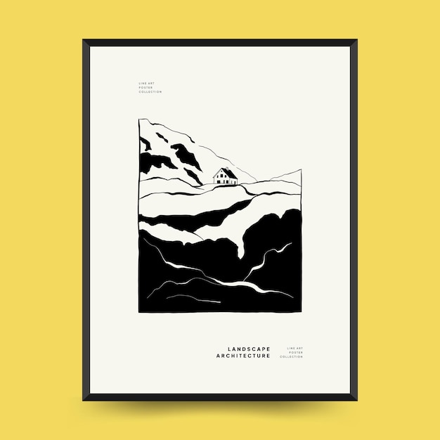 Abstract landscape interior contemporary minimal aesthetic. Hand drawn linear illustrations