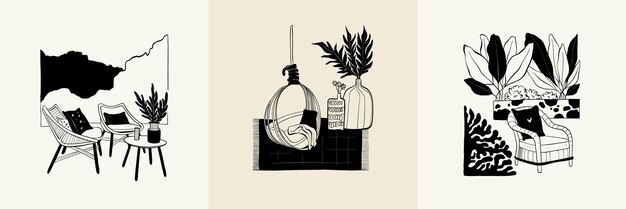 Vector abstract landscape interior contemporary minimal aesthetic. hand drawn linear illustrations