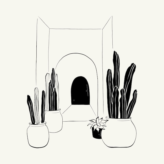 Abstract landscape interior contemporary minimal aesthetic. Hand drawn linear illustrations