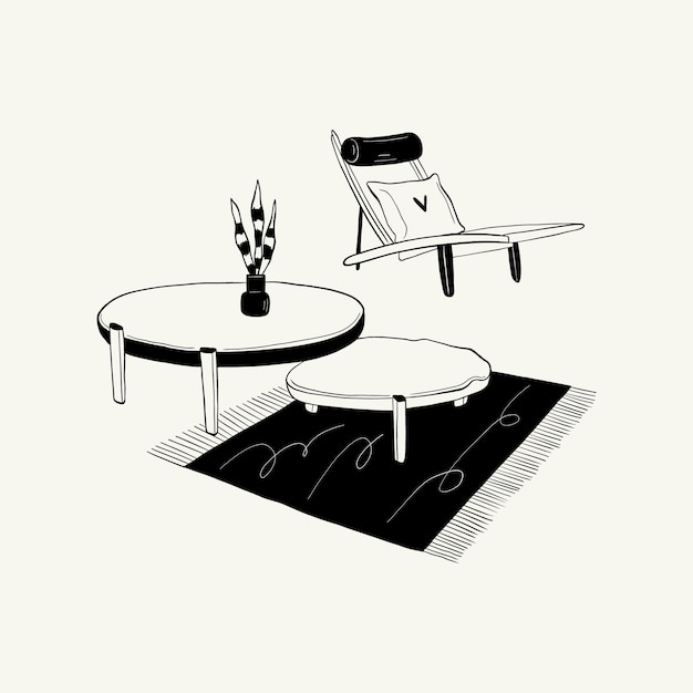 Abstract landscape interior contemporary minimal aesthetic. Hand drawn linear illustrations