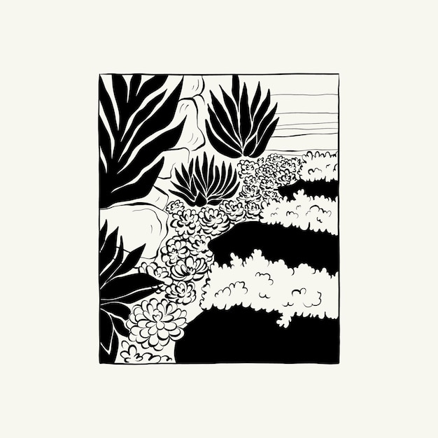 Abstract landscape interior contemporary minimal aesthetic. Hand drawn linear illustrations