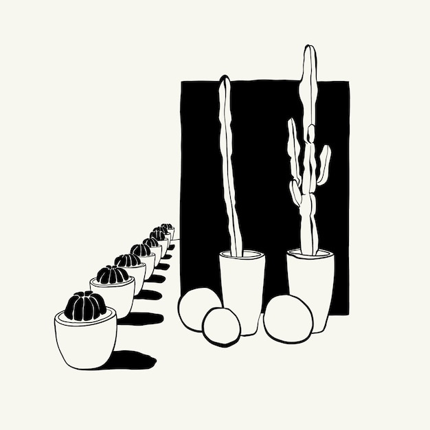 Abstract landscape interior contemporary minimal aesthetic. Hand drawn linear illustrations