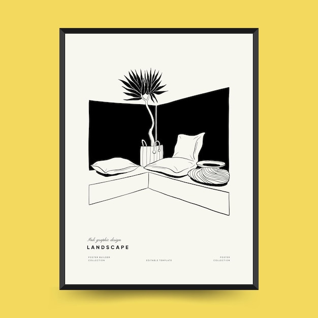 Vector abstract landscape interior contemporary minimal aesthetic. hand drawn linear poster