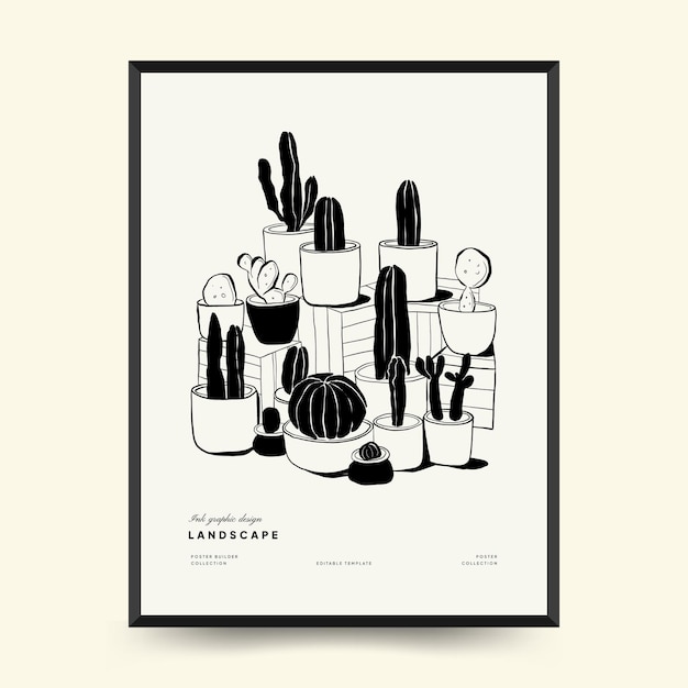 Abstract landscape interior contemporary minimal aesthetic. Hand drawn linear poster