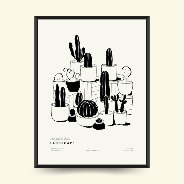 Abstract landscape interior contemporary minimal aesthetic. hand drawn linear poster