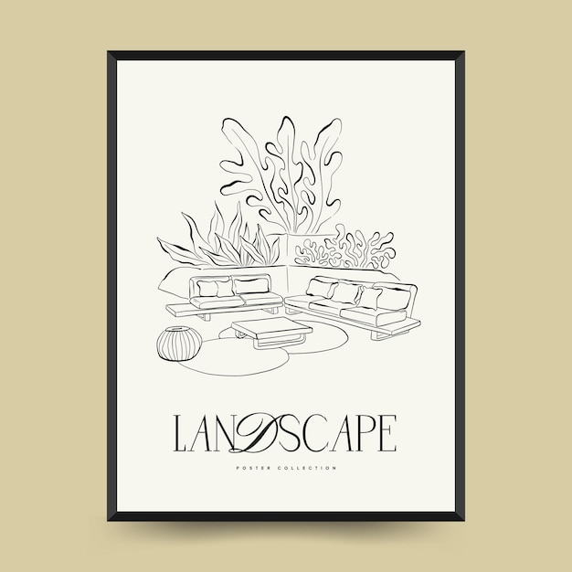 Abstract landscape interior contemporary minimal aesthetic. Hand drawn linear poster