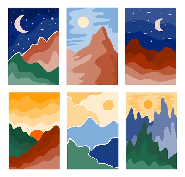 Il fondo moderno del paesaggio astratto ha messo con le montagne, il sole, la luna, il mare, la foresta. stampa d'arte moderna minimalista di metà secolo. poster design scandinavo nei colori della terra. collezione di illustrazioni boho vettoriali