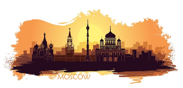 Vector abstract landscape of moscow with sights at sunset with spots and splashes of paint