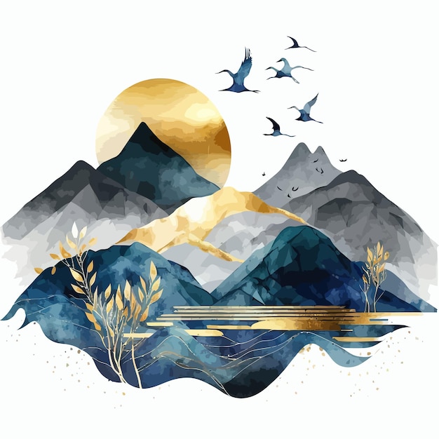 Abstract landscape mountain background Traditional watercolor oriental Japanese style Vector illustration