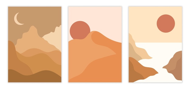 Abstract landscape poster set beautiful collection of pictures with mountains sun sea and moon