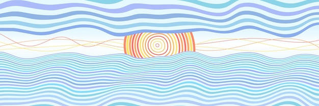 Abstract landscape stylization waves on the sea sun and clouds banner