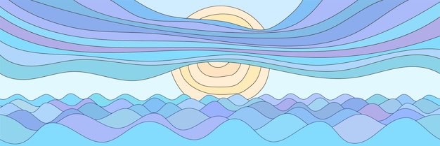 Abstract landscape stylization waves on the sea sun and clouds