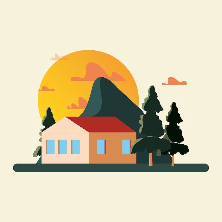 Vector abstract landscape with house and mountains with trees 