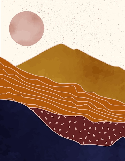 Abstract landschap van bergen met de zon in een minimale trendy stijl. Vector achtergrond in terracotta kleuren voor covers, posters, sociale media verhalen. Boho kunst wordt afgedrukt.