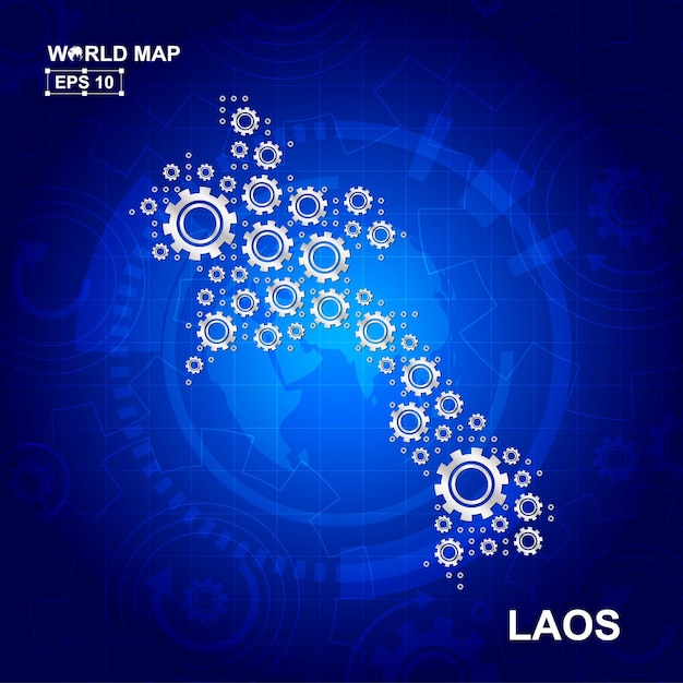 トランスミッションの歯車と歯車のアイコンの概念と抽象的なラオスの地図のデザイン