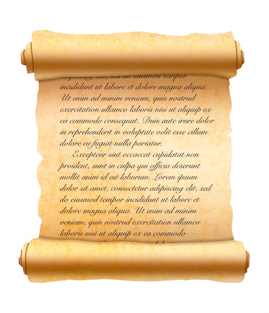 Abstract latin handwritten cursive text on old textured scroll on white